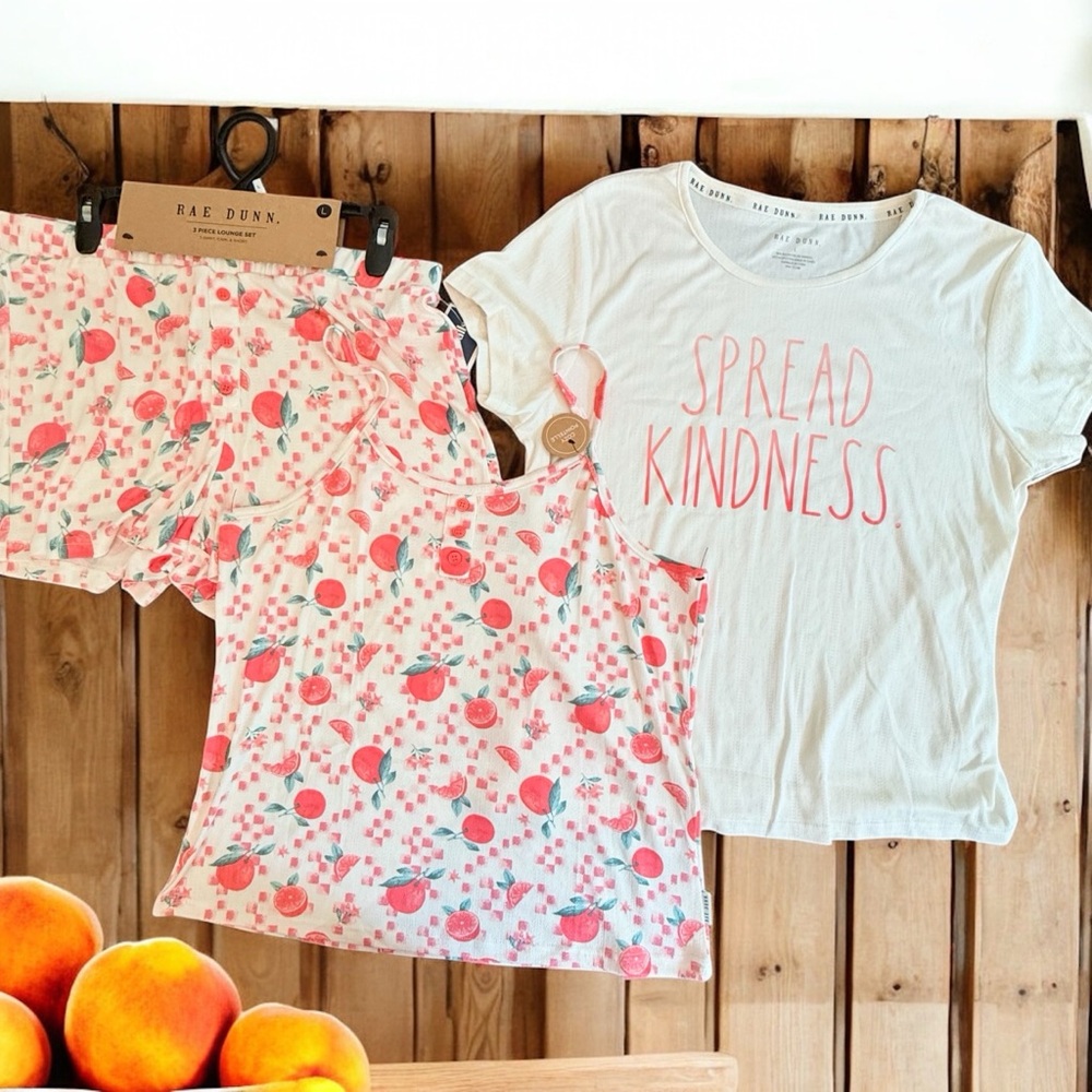 NWT Rae Dunn Butter Soft Three Piece Lounge Set Spread Kindness With Peach Print
